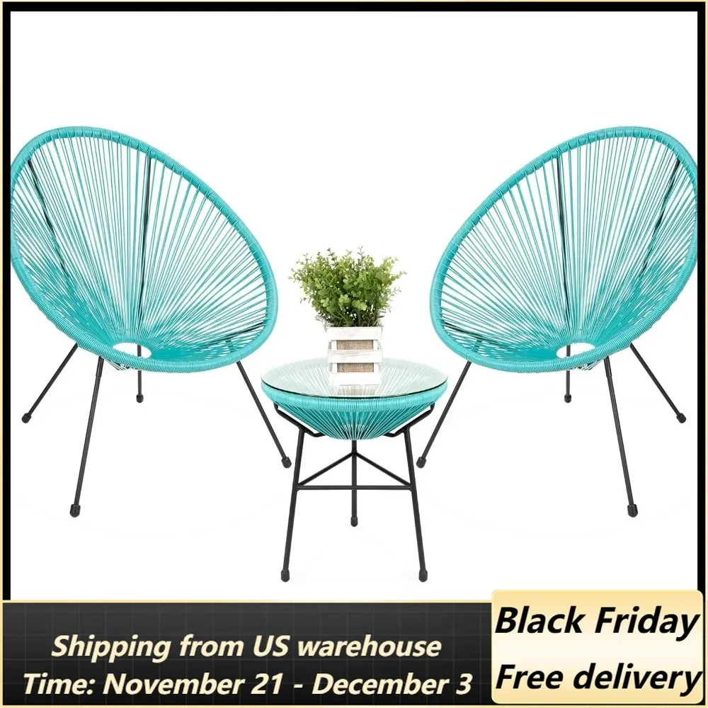 3-Piece Outdoor Acapulco All-Weather Patio Conversation Bistro Set w/Plastic Rope, Glass Top Table and 2 Chairs -Light Blue