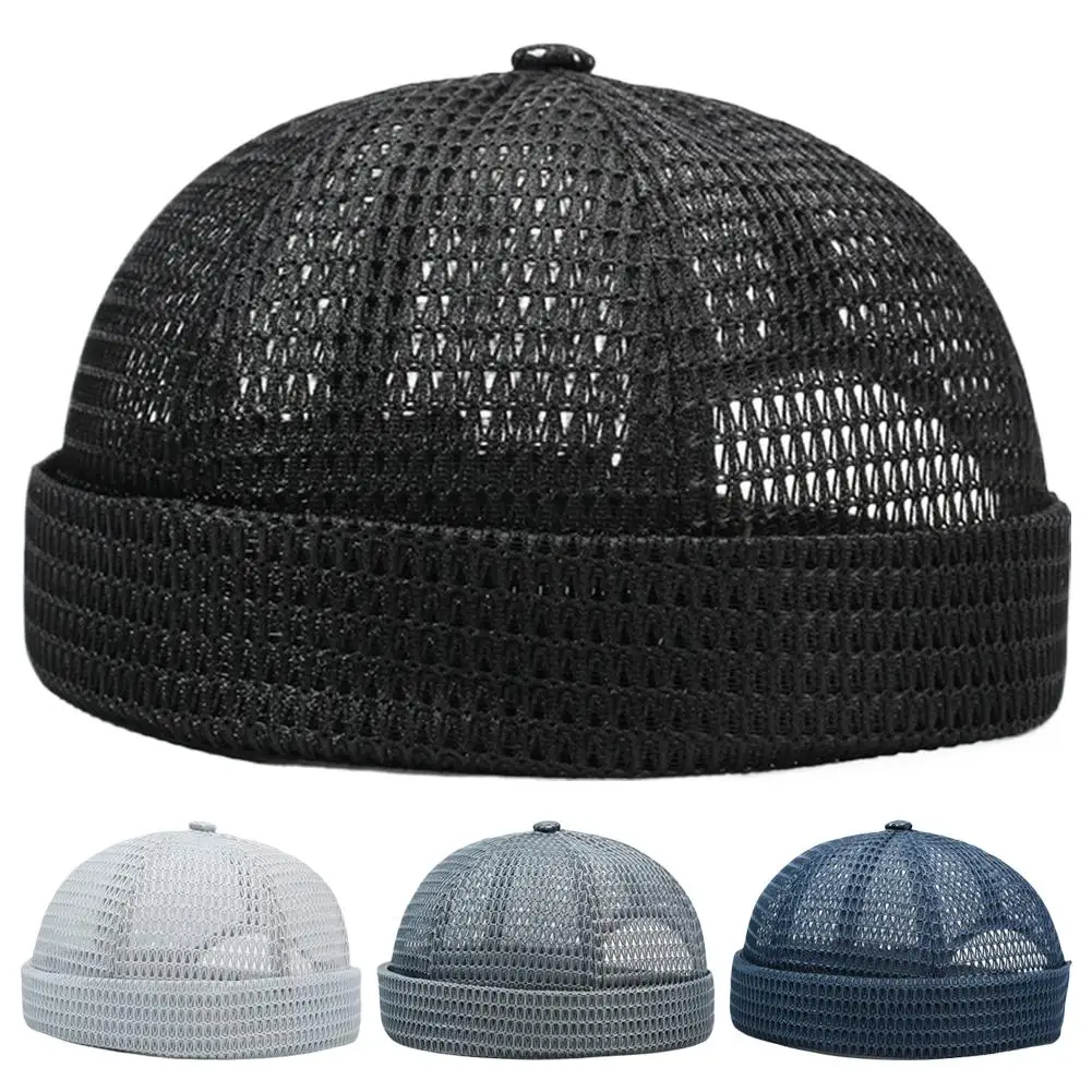 Summer Mesh Brimless Docker Cap Breathable Grid Beanie Adjustable Retro Landlord Hat Hip Hop Street Style Unisex Daily Outdoor