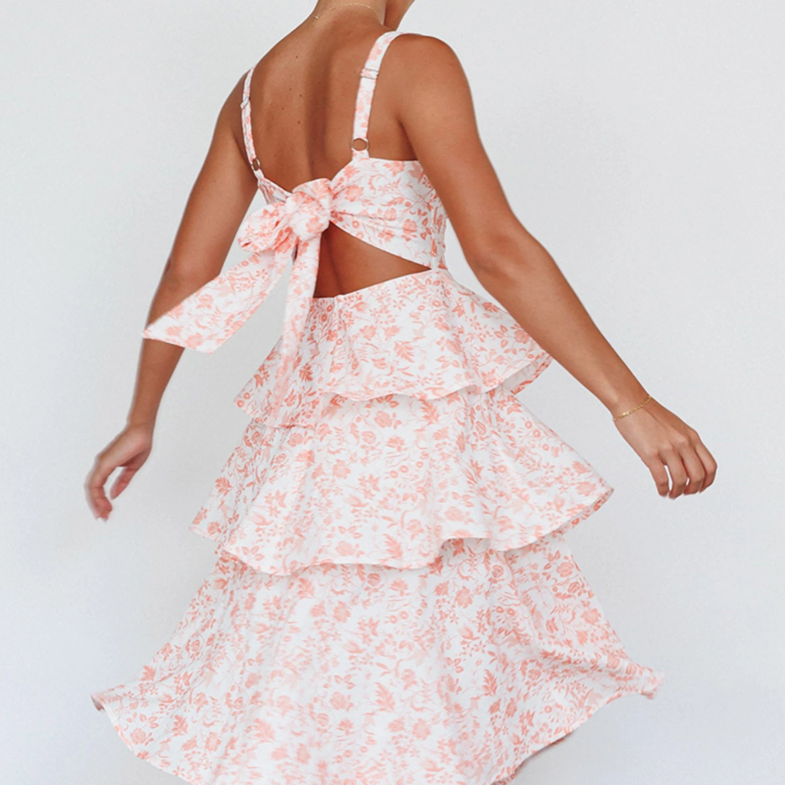 Vrouwen Y2K Ruffle Tiered Flowy Jurken Boho Bloemen Maxi Jurk Spaghetti Ruglooze Voor Strandvakantie Zomerfeest Dagelijkse slijtage