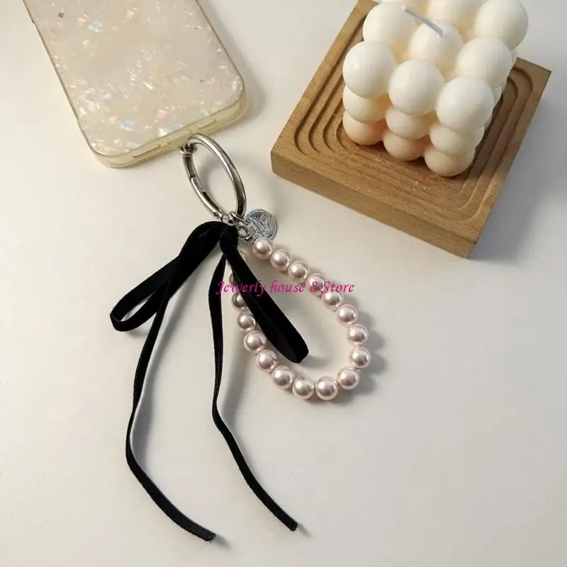 Sweet Ribbon Bowknot Pearls Keychain Pendant Lovely Keyring Charm Hangings Decorations for Purse Bag Backpack Handbag