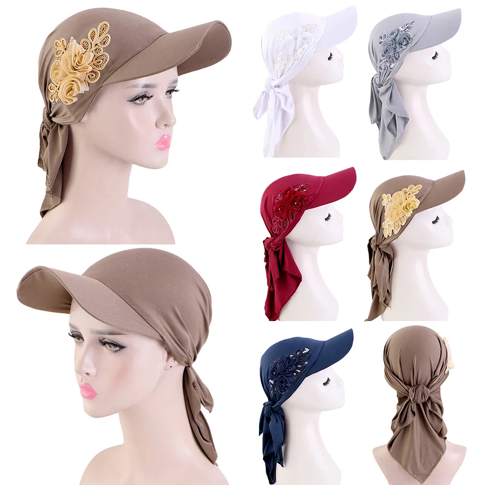 Women Muslim Hijab Turban Hat Girls Baseball Cap Sun Hats Headscarf Scarf Caps Glitter Flower Fashion New Ladies Soft Scarves