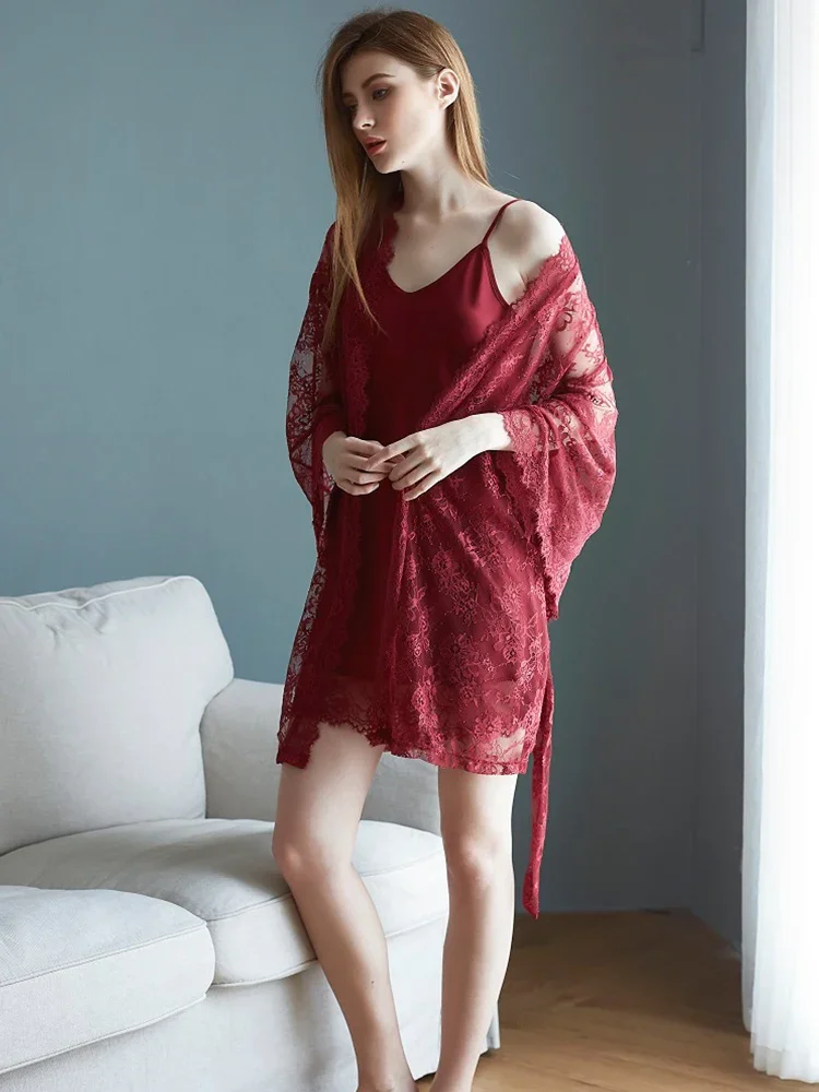 New Silk Pajama Strap Sleeping dress Lace Hollow Sleeping Robe Home Clothing Set Thin