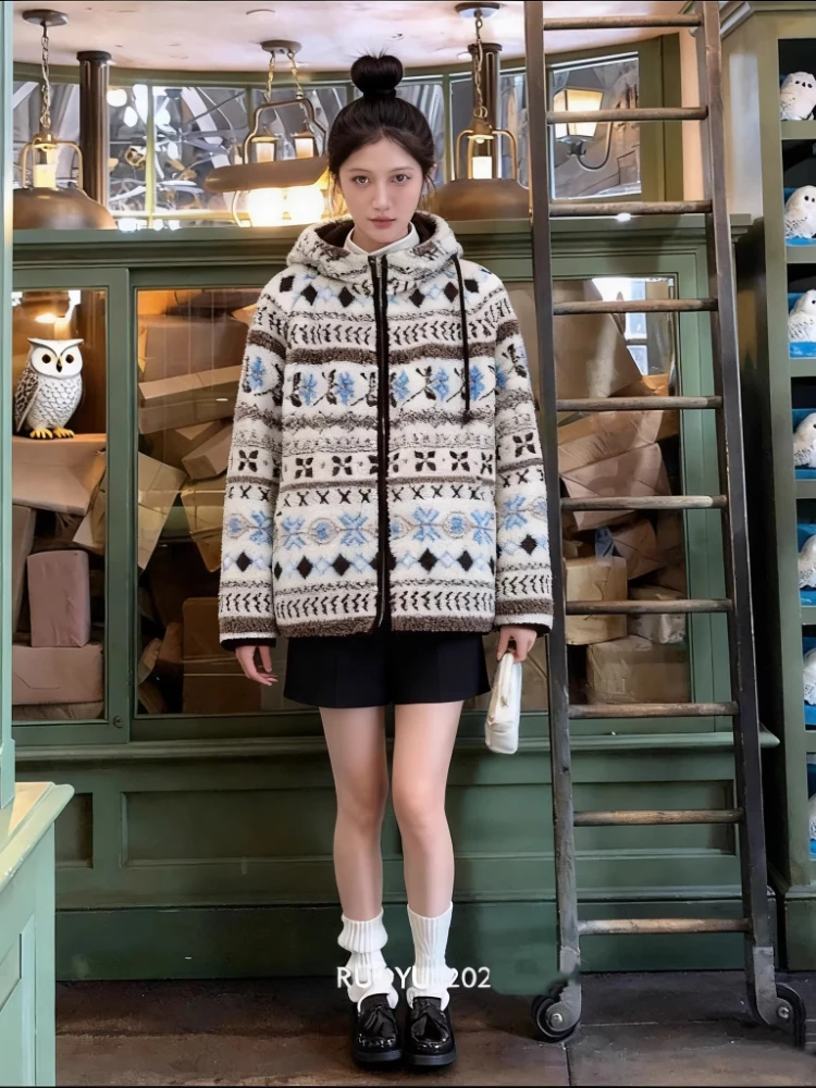 Vintage Ethnic Snowman Print Sherpa Jacket Women's Hooded Fleece Parkas Coat Retro Pattern Fluffy Winter Warm Outerwear