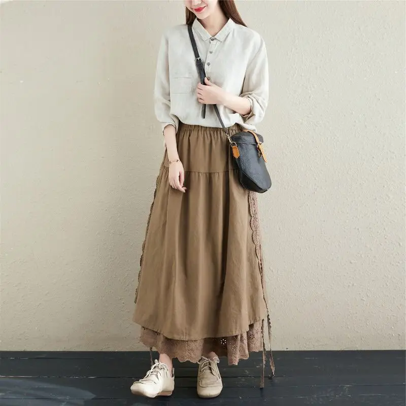 Women\'s Vintage Embroidery Lace Cotton Linen Skirt Loose Skirts for Lady