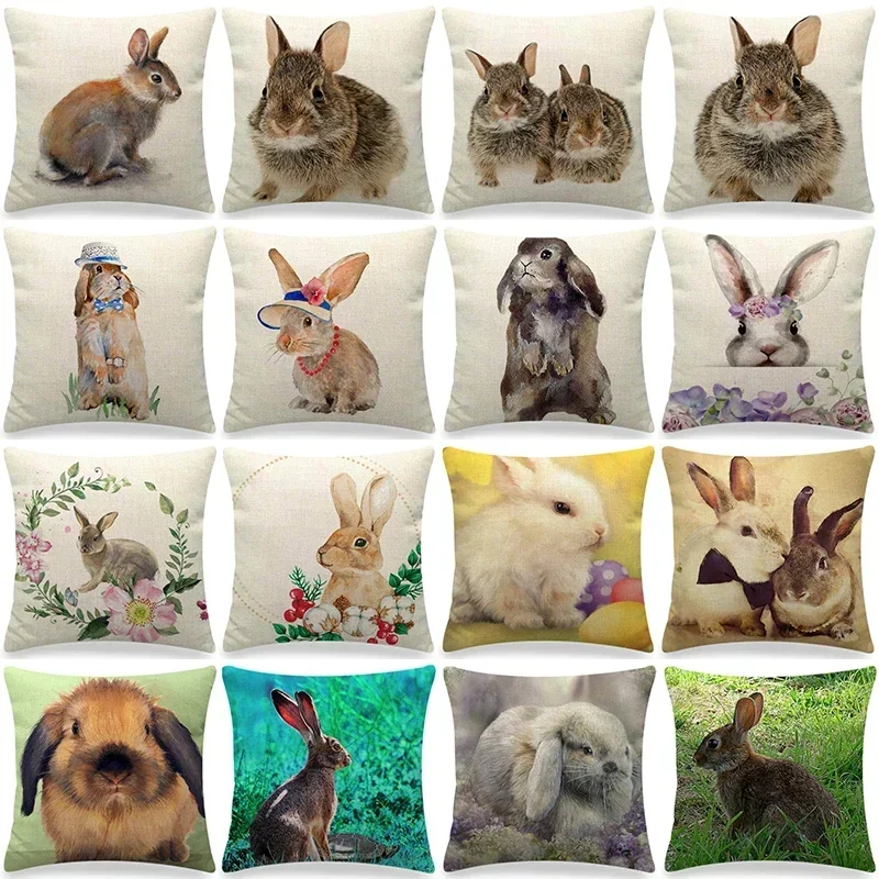 2025 Feliz Pascua decoración funda de cojín 45x45cm funda de almohada decorativa de lino para el hogar funda de almohada con estampado de conejito de huevos de Pascua