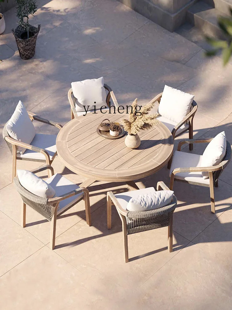 Tqh Outdoor Table and Chair Courtyard Outdoor Solid Wood round Table Terrace Teak Courtyard Outdoor Desk-Chair