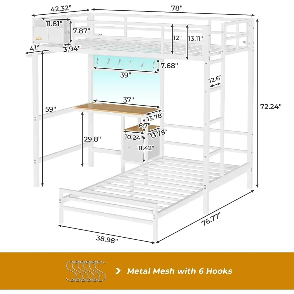 

Двухъярусная кровать Twin Over Twin Size со столом и зарядной станцией. Металлическая кровать-чердак со светодиодной подсветкой, полками для хранения и ящиками L-образной формы.