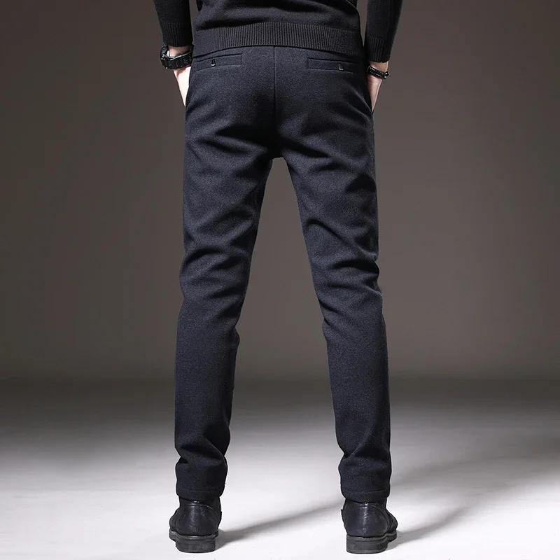 Brand Autumn Winter Brushed Fabric Casual Pants Men Thick Business Work Slim Cotton Black Grey Trousers Male Plus Size 38