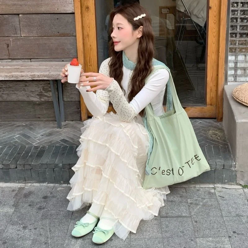 Spring Summer Autumn Floral Patchwork Long Sleeve T-Shirt Slim Fit Base Shirt Women Super Fairy Atmosphere Lace Cake Skirt