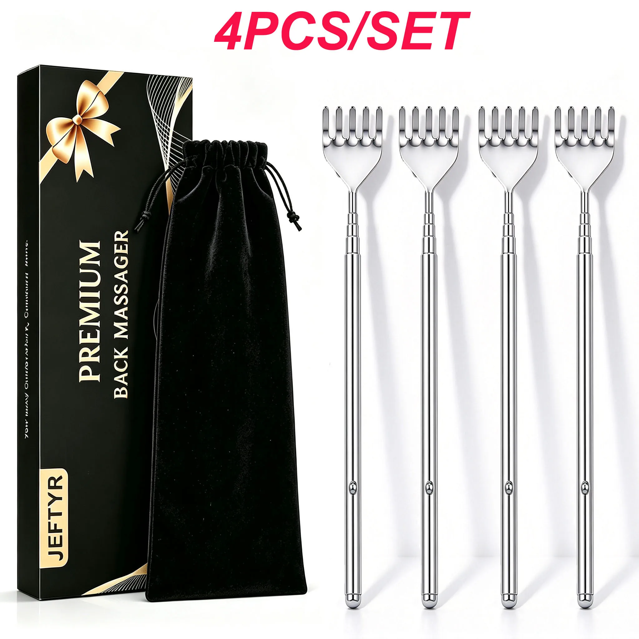 4Pack Compact Extendable Back Massager Portable Telescopic Stainless Steel with Velvet Pouch and Gift Box Great Christmas