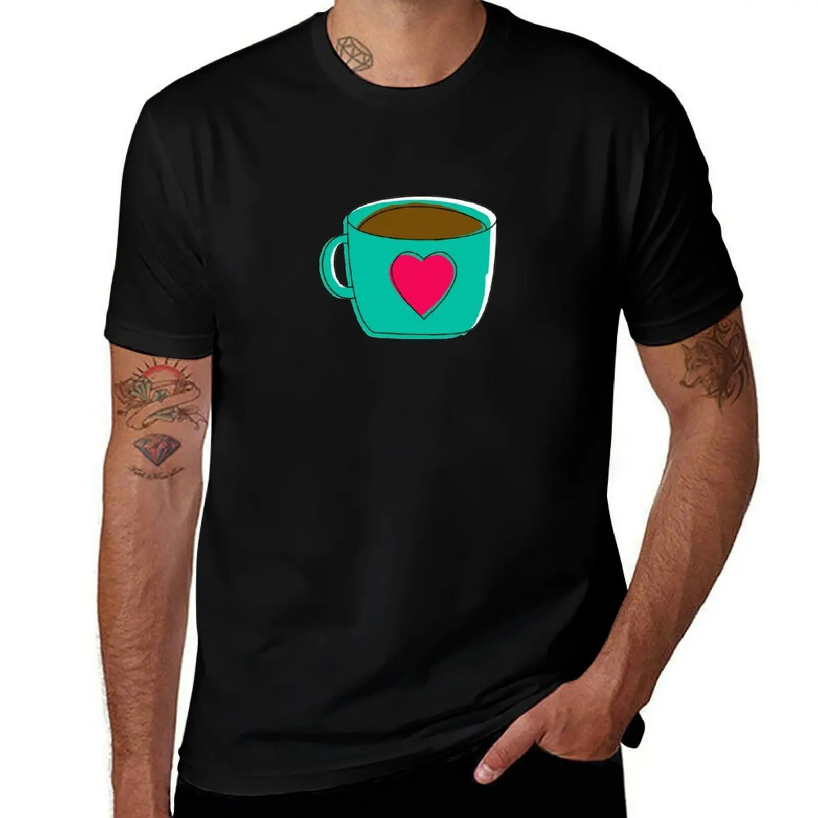 Green Coffee Mug Cup Red Heart Design Gifts T-Shirt Athletic Quick Dry for Men T-Shirt