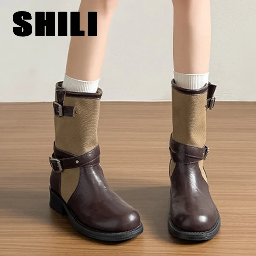 Retro PU Splicing Cowboy Mid-Calf Boots Women Folding Double Wear Wide Barrel Short Boots Thick Heel Square Head Knight Boots