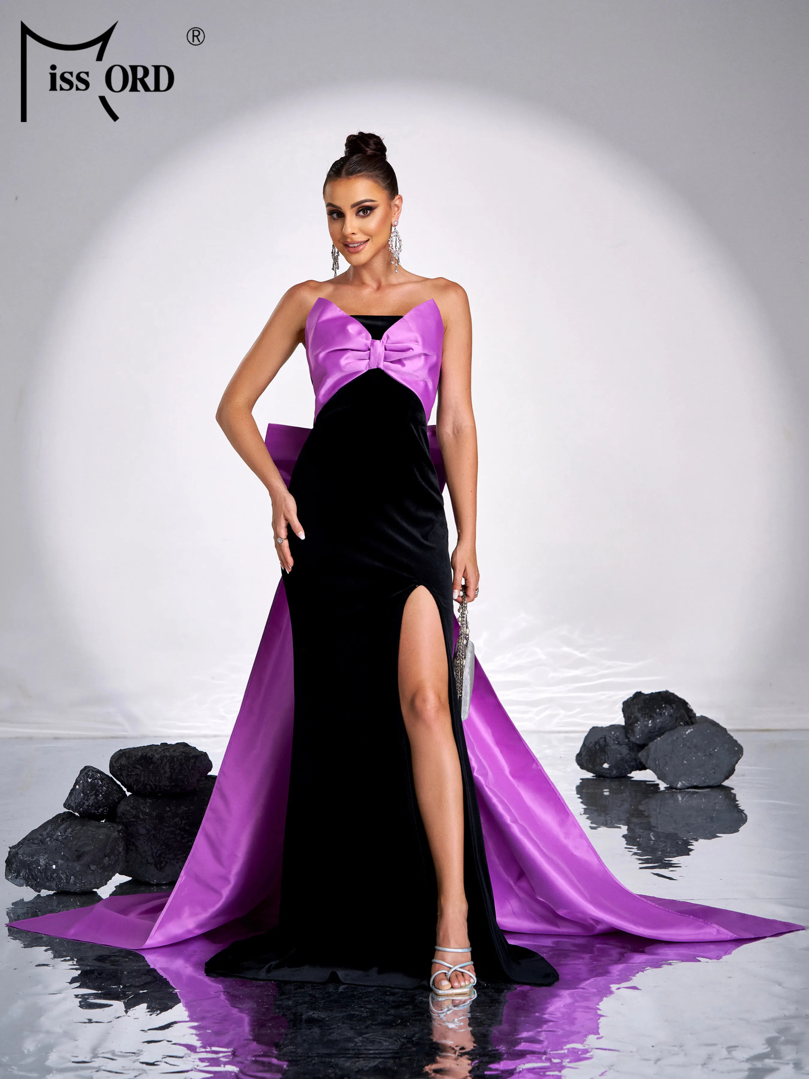 

Missord New Strapless Chic Elegant Split Evening Formal Occasion Bow Wedding Birthday Party High Quality Luxury Cocktail Dress