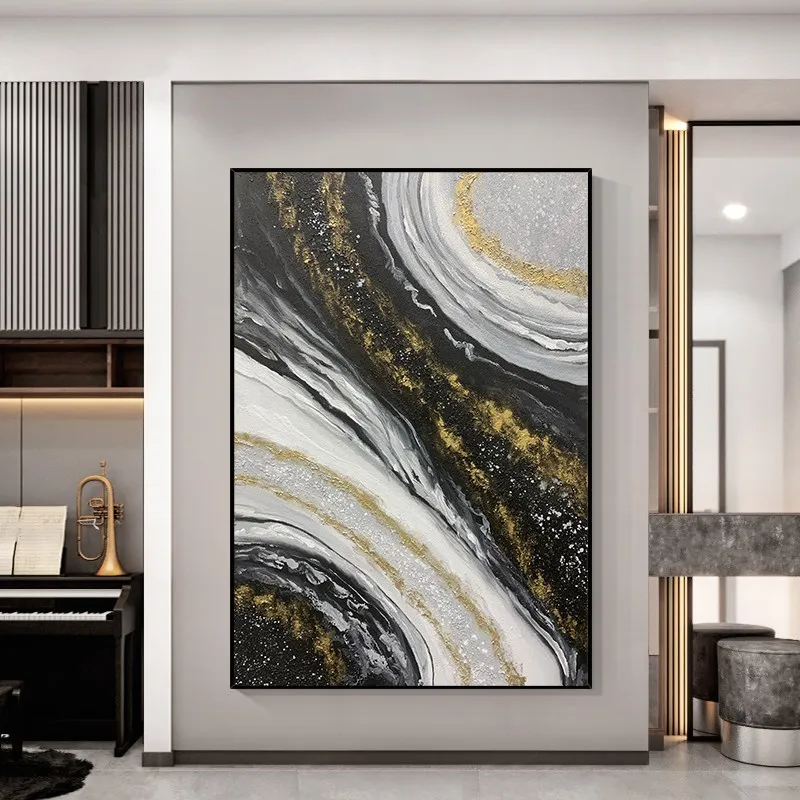 Pure Hand Drawn Line Oil Painting Living Room Sofa Decor Luxury Simple Black White Texture Hanging Picture Restaurant Art Mural