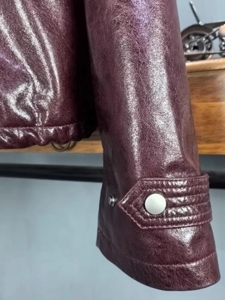 New Designer Women Zipper Stand Collar Loose Fit Bomber Jacket Autumn Motorcycle Windproof Sheepskin Genuine Leather Jacket Coat