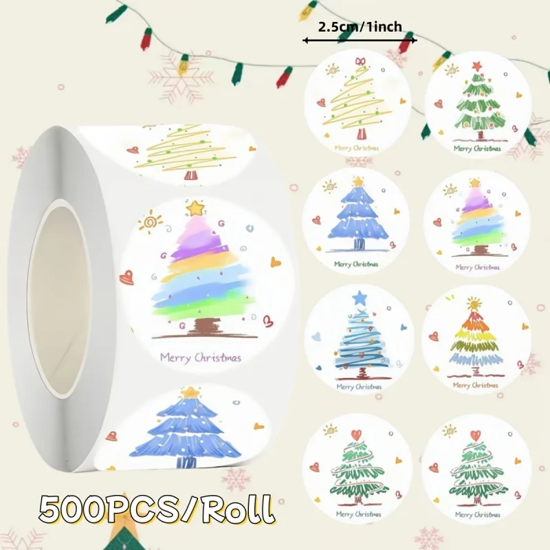 

500pcs/Roll Colorful Christmas Tree Stickers For Holiday Decorations Gift Wrapping Baking Cake Packaging Envelope Sealing