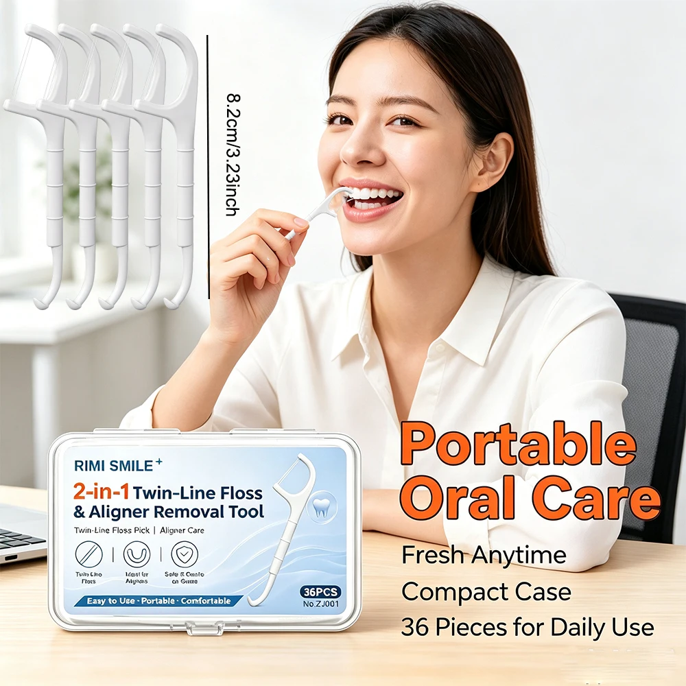RIMI SMILE 2-in-1 Twin Line Floss Picks with Aligner Removal Hook, Disposable Dental Flossers for Invisible Aligners, Braces Tee