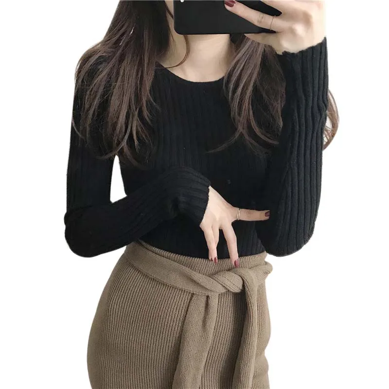 

rend O-neck Solid Color Slim Long-sleeved Sweater Brick Red Bottoming Shirt