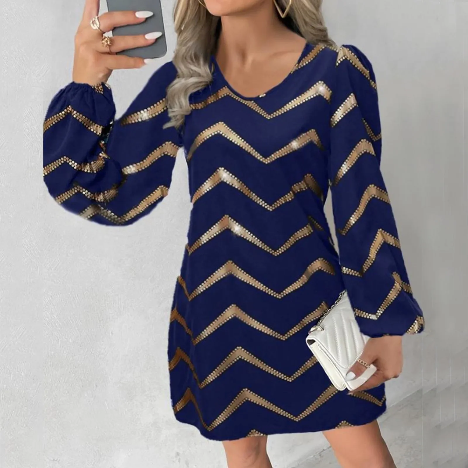 

Elegant Lantern Sleeve Party Dress Women Casual Fashion Office Mini Dresses Retro Gold Wave Striped Patchwork Loose A-Line Dress