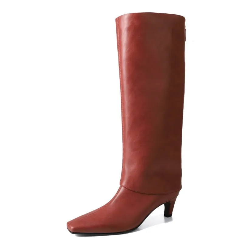 Dilalula 2026 Real Sheepskin Women Knee High Boots Fashion High Heels Street Boots Lady Autumn Winter Turned Over Edge Boots