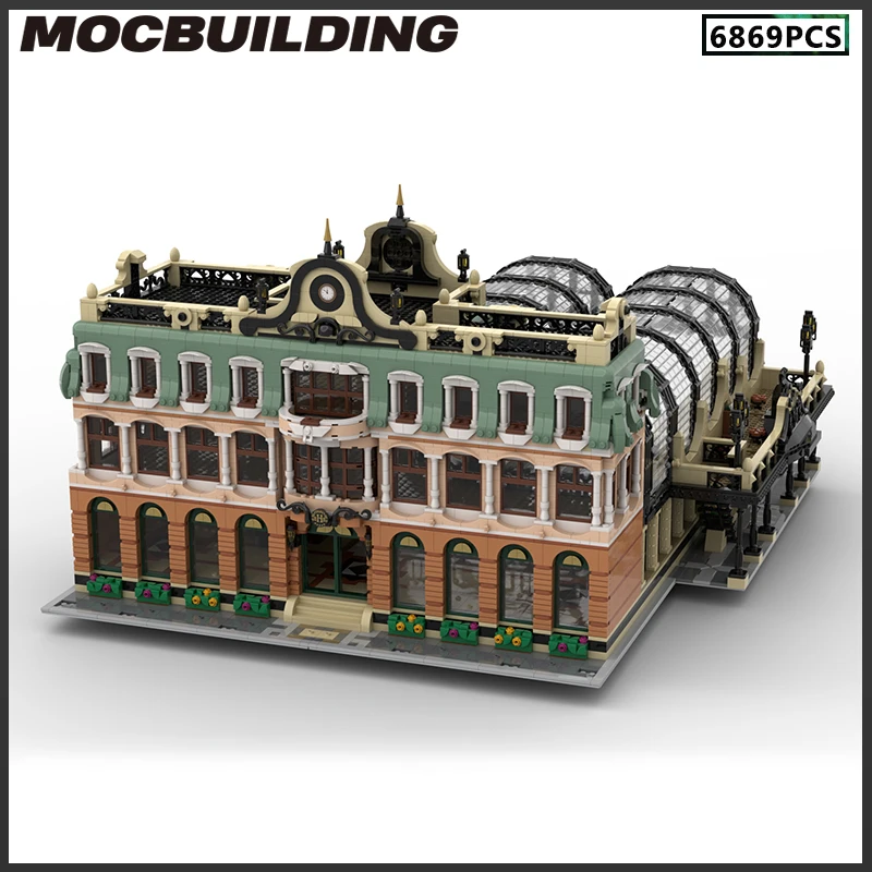 MOC Building Blocks Train Station Urban Architectural Landscape Transportation Streetscape Modular Model Bricks DIY Christmas