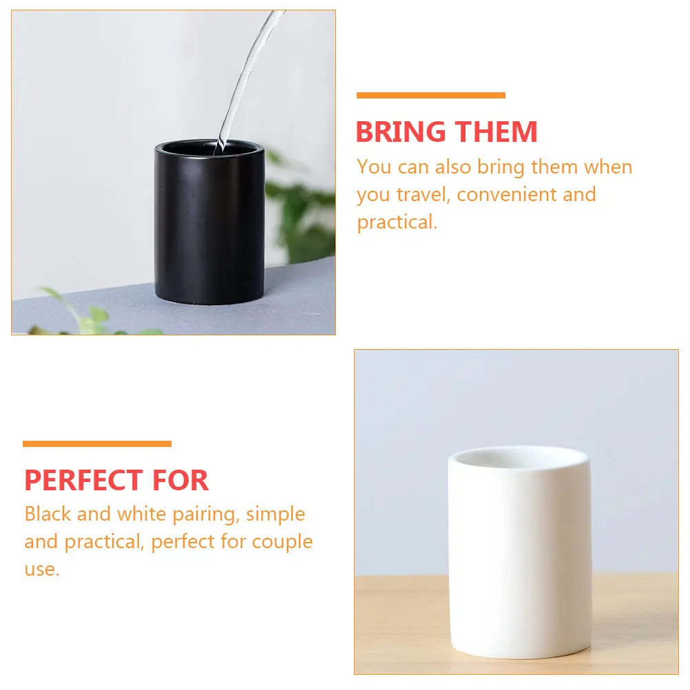 2Pcs Ceramic Tea Cups Black White Multipurpose Portable Washing Cups for Travel Home Office Toothbrush Makeup Brush Storage