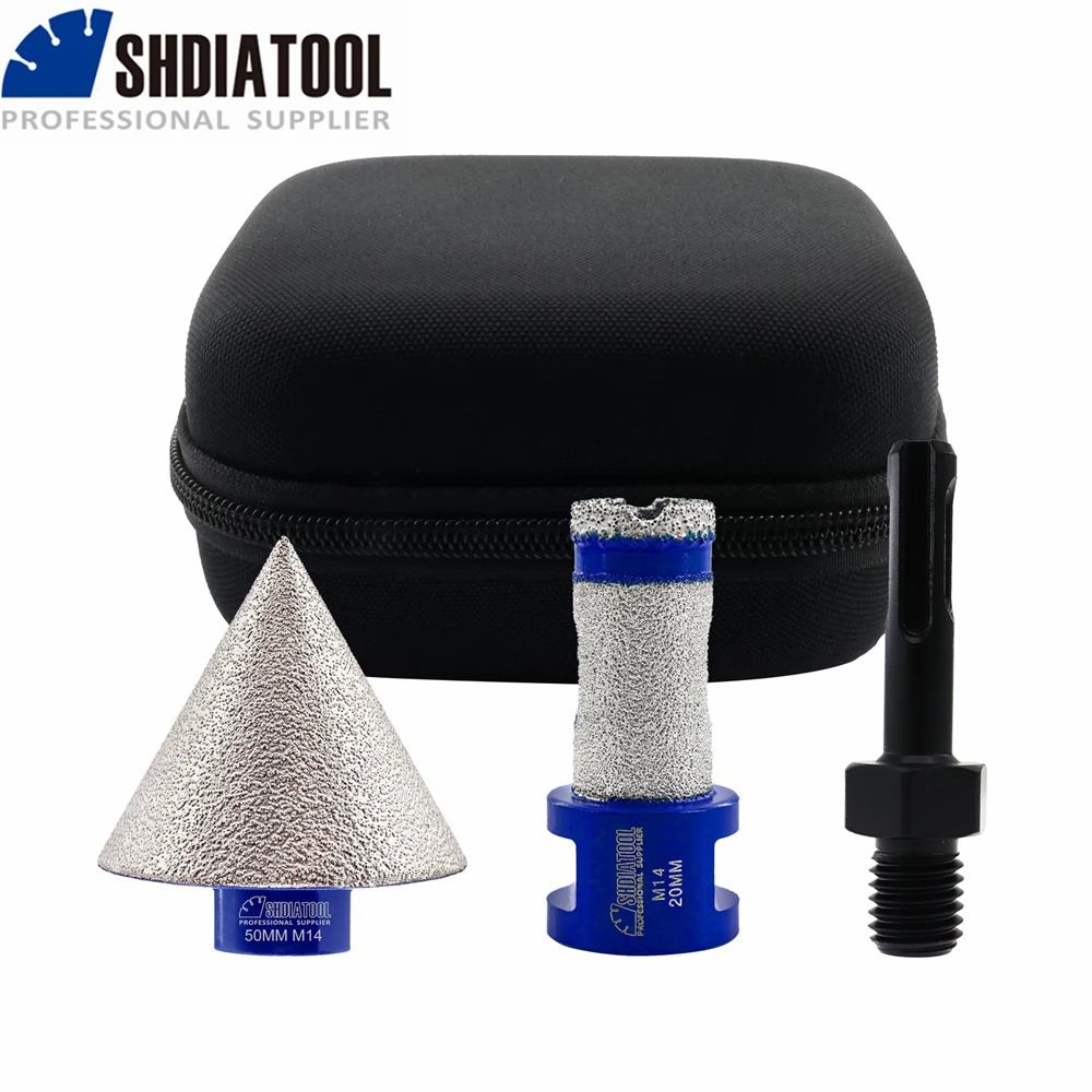 SHDIATOOL 3pcs Diamond Drill Bits Kit Bag 20mm Drilling Milling Hole Saw+50mm Diamond Chamfer+SDS Adapter Tile Porcelain M14