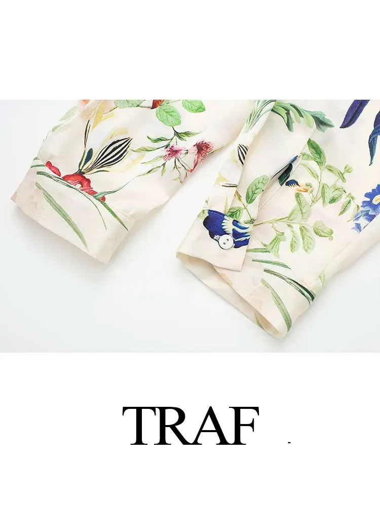 TRAF 2024 Spring Women\'s Fashion Flower Printed Blouse Long Sleeves Loose Lapel Single Breasted Retro Chic Casual Shirt Tops