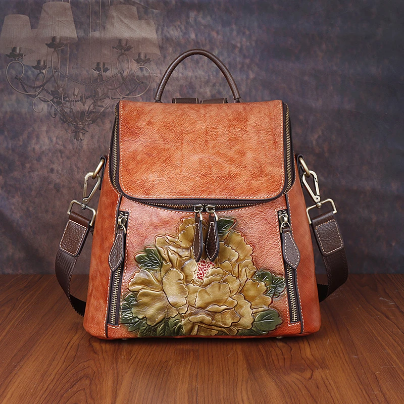 Genuine Cowhide Leather Women Bag Retro Floral High Quality Luxury Backpack For Female 2025 New Large Capacity Travel Backpacks