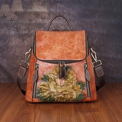 Genuine Cowhide Leather Women Bag Retro Floral High Quality Luxury Backpack For Female 2024 New Large Capacity Travel Backpacks