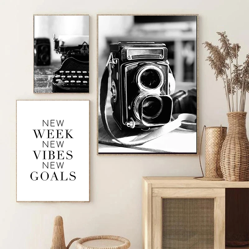 Black Retro Cassette Tape Camera Typewriter Railway Station Poster Wall Art Pictures Canvas Painting Living Room Home Decor