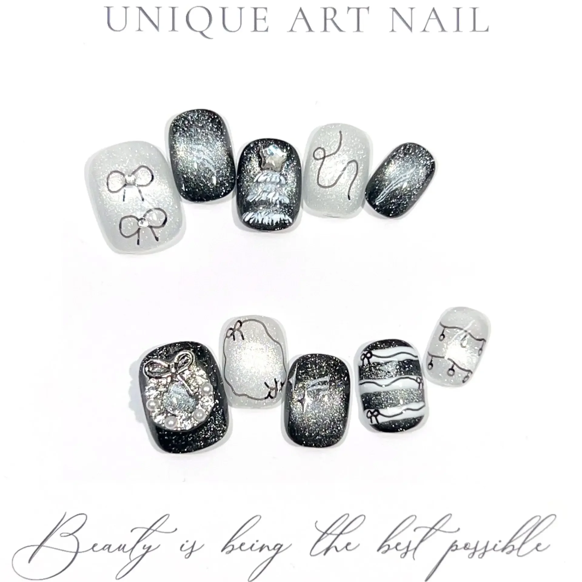 الشتاء الأرز قصيرة الصحافة على الأظافر اليدوية أبيض وأسود اللون الصدام عين القط سوبر بريق القوس بقع الأظافر وهمية #5