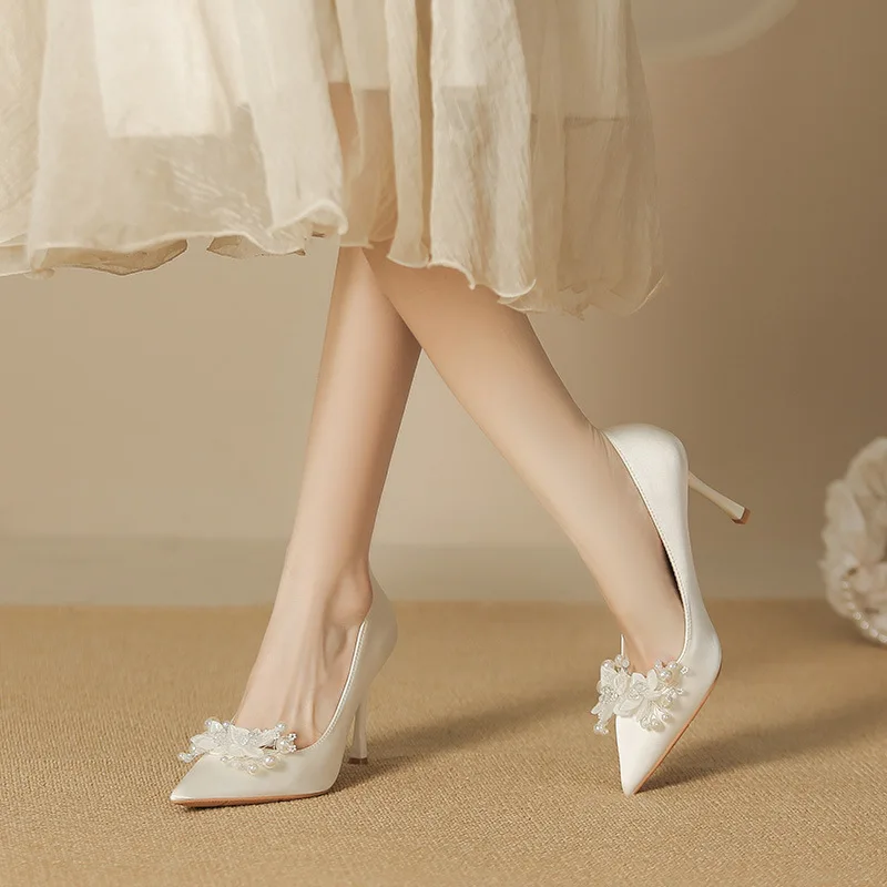 Size 30-44 Dress White Wedding Shoes Women Stiletto Heel Pointed Toe Shallow Mouth Flower Sardine Bride Bridesmaid Shoes