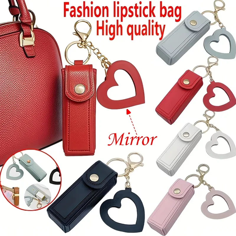 Various Colors Available, Heart-Shaped Mirror Portable mini Lipstick Bag, Portable Lipstick Bag with Mirror, Small Cosmetic Bag