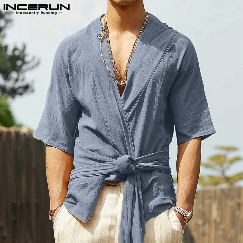 INCERUN Men Shirt Solid Color V Neck Half Sleeve Lace Up Casual Men Cardigan Kimono Streetwear 2024 Vintage Leisure Men Clothing