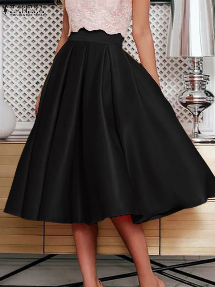 

2025 Summer Women Fashion A-line Party Skirt Jupe ZANZEA Elegant High Waist Office Pleated Skirts Vestido Solid Midi Skirt Falda