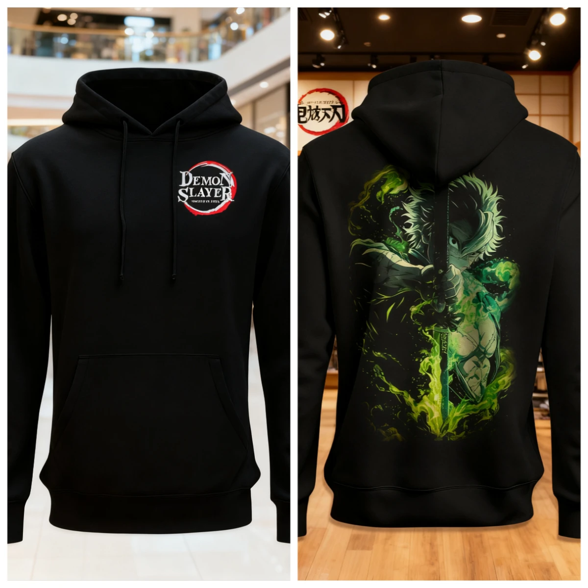 Demon Slayer Anime-Kapuzenpullover aus Baumwolle, schwarzer Farbcharakterdruck mit grünem Schwert, Aura-Rückendesign und Brustlogo, lässige Streetwear