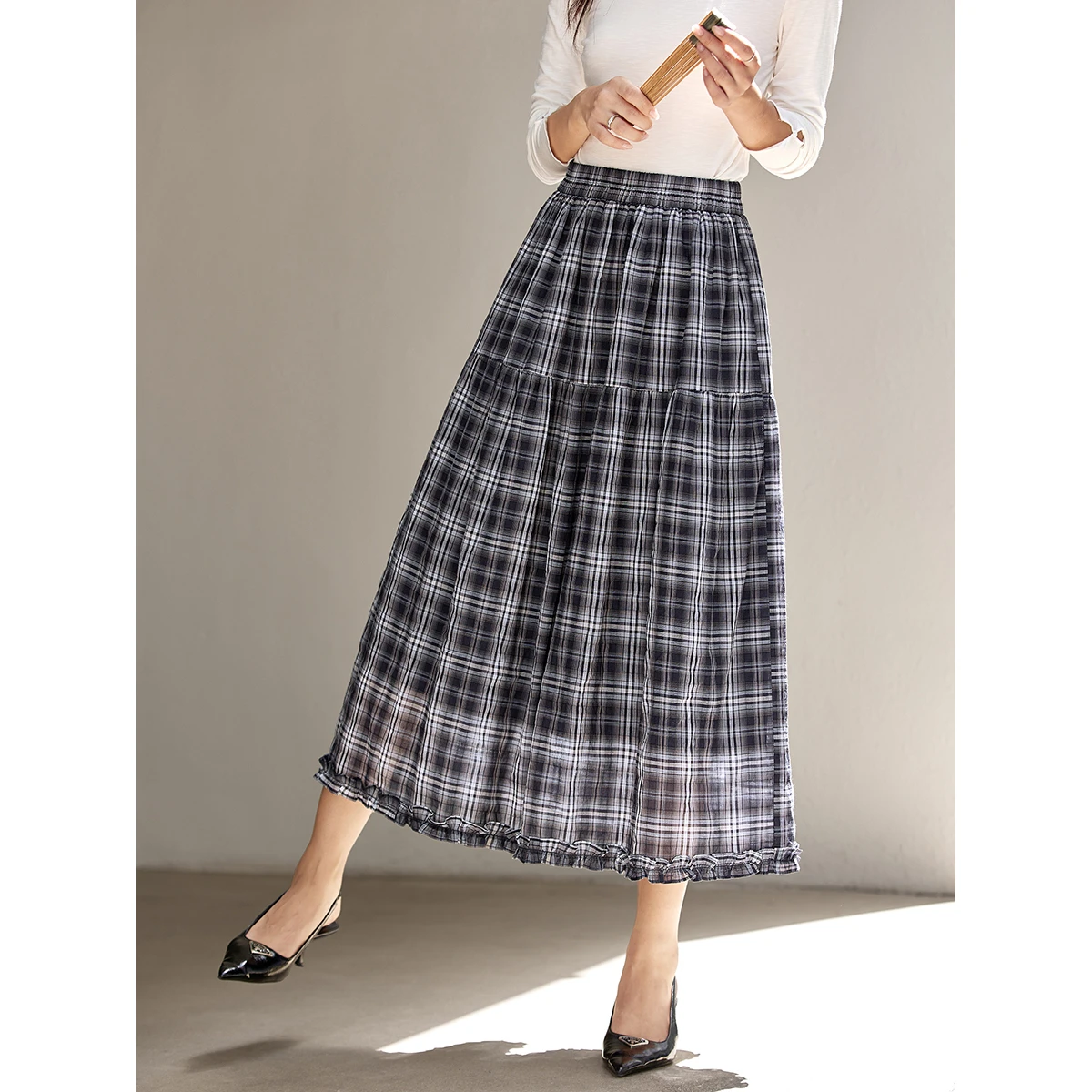 VIMLY المرأة خمر منقوشة تنورة 2025 الخريف التنانير خمر غير رسمية تصميم ميدي تنورة تخفيف كشكش ألف خط الإناث تنورة A2980