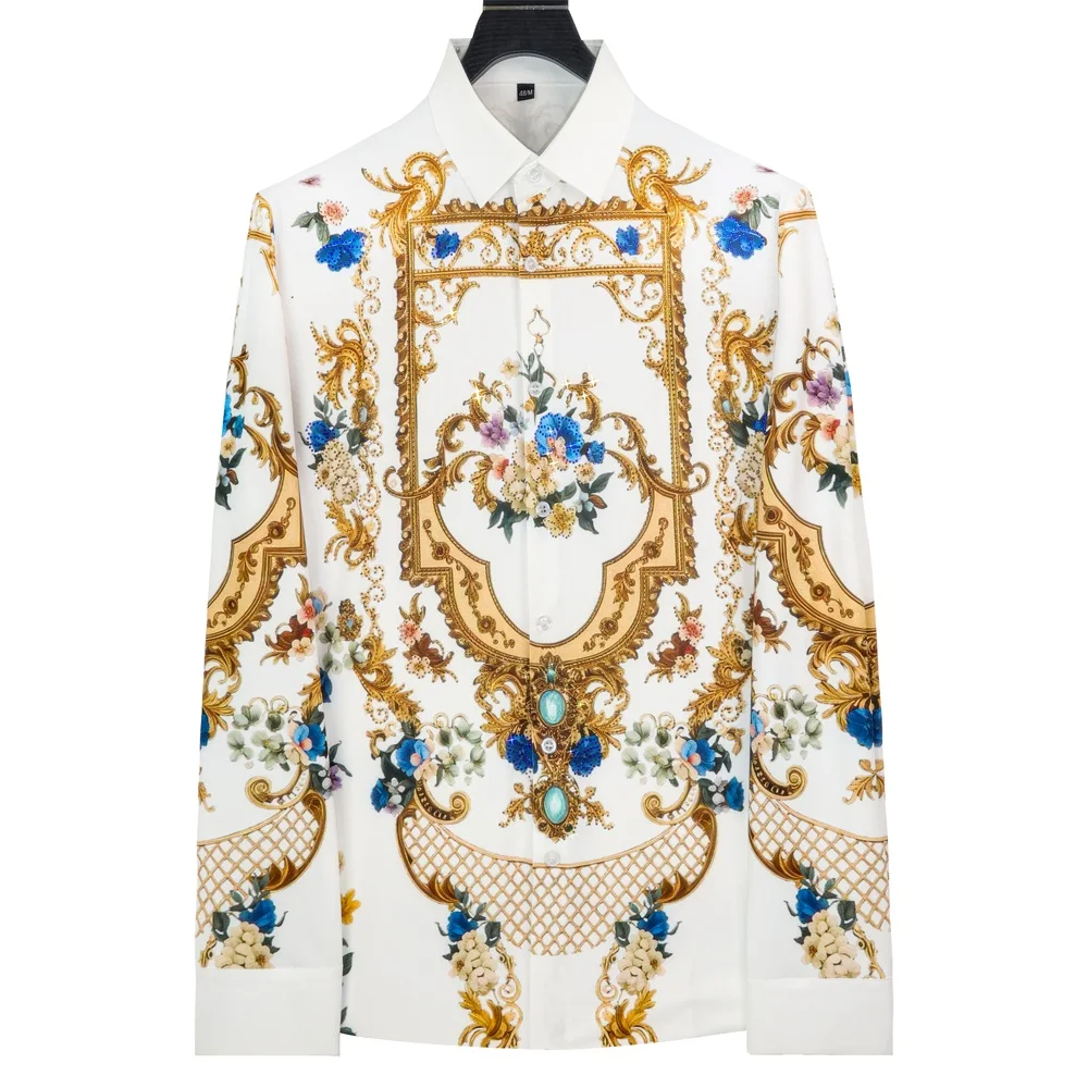 British Style Shield Rhinestone Flower Shirt for Men Long Sleeve Slim Fit Casual Business Formal Shirts Party Social Banquet Top