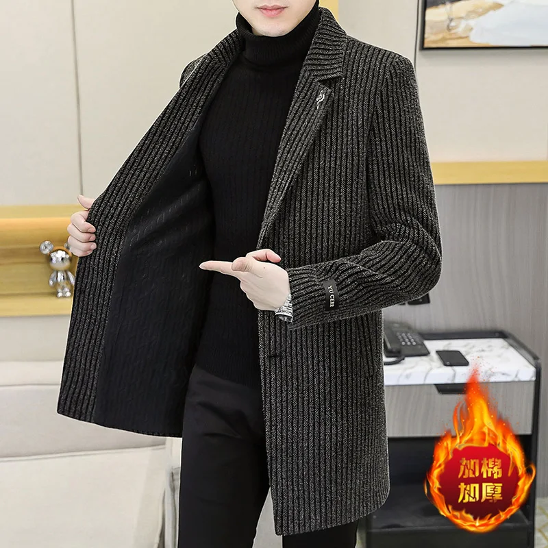 

Men's mid-length trench coat, men's autumn and winter collection with cotton, men's woolen overcoat, Chenille jacquard coat