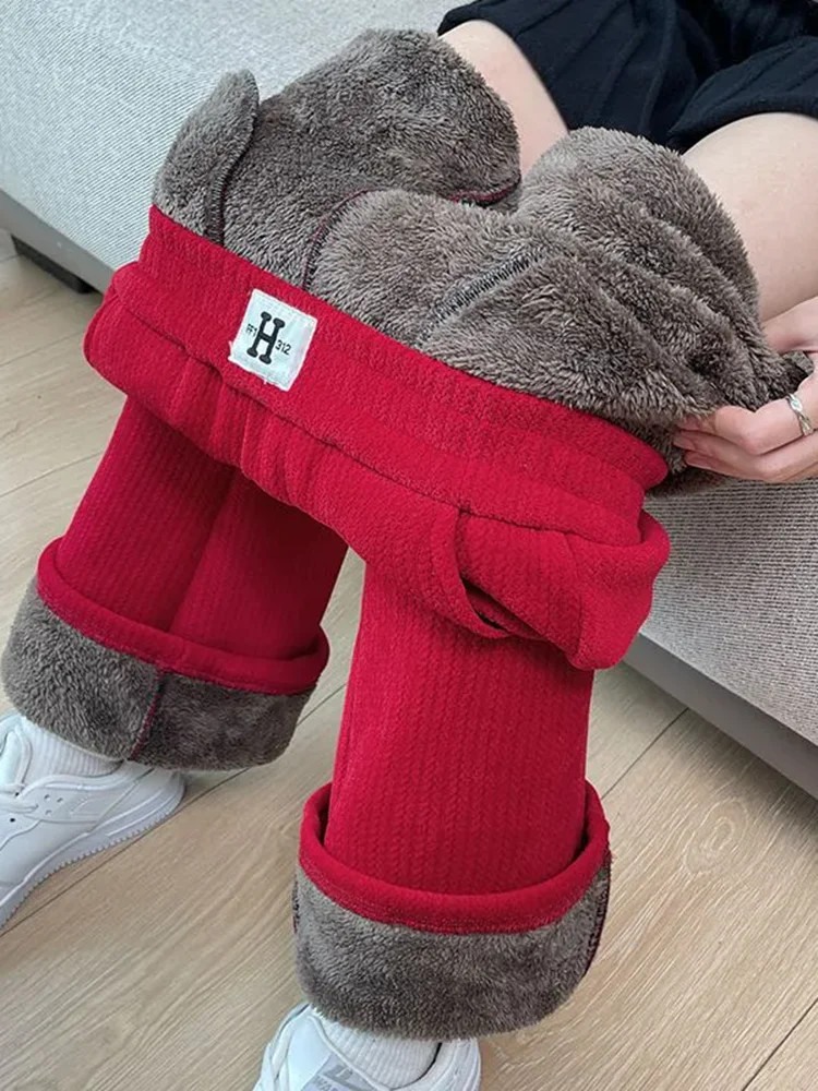 Winter Warm Slim Solid Flare Pants Women Elastic High Waist Fleece Lined Wide Leg Pantalones Casual Snow Wear Thicken Calca New
