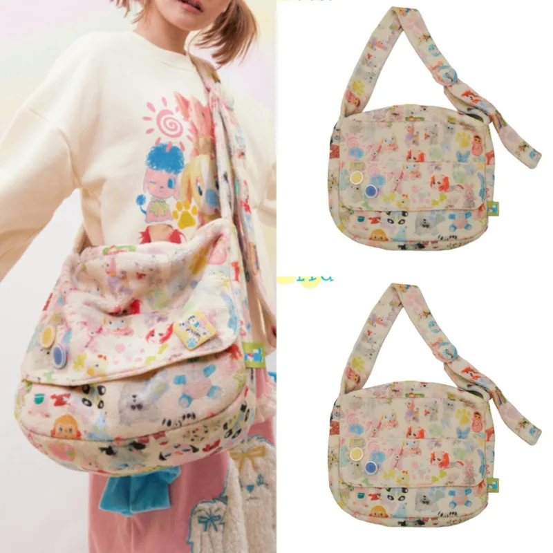 

Y2K Animal Satchel FFPB Messenger Bag Vintage Kawaii Japan Korea Printed Zipper White Cashmere Toy Printed Large Capacity Bag