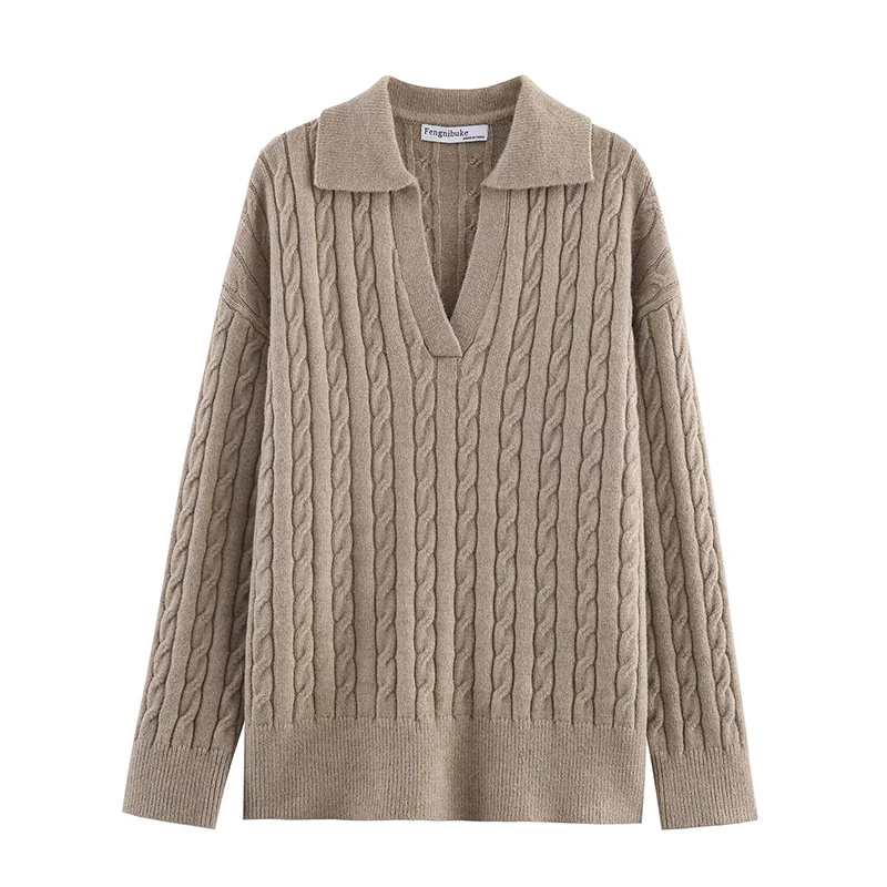 2025 NEW High-Quality Fashion Autumn For Women Beige V-Neck Long Sleeve Casual Winter Pullover Vintage Style Cable Knit Sweater