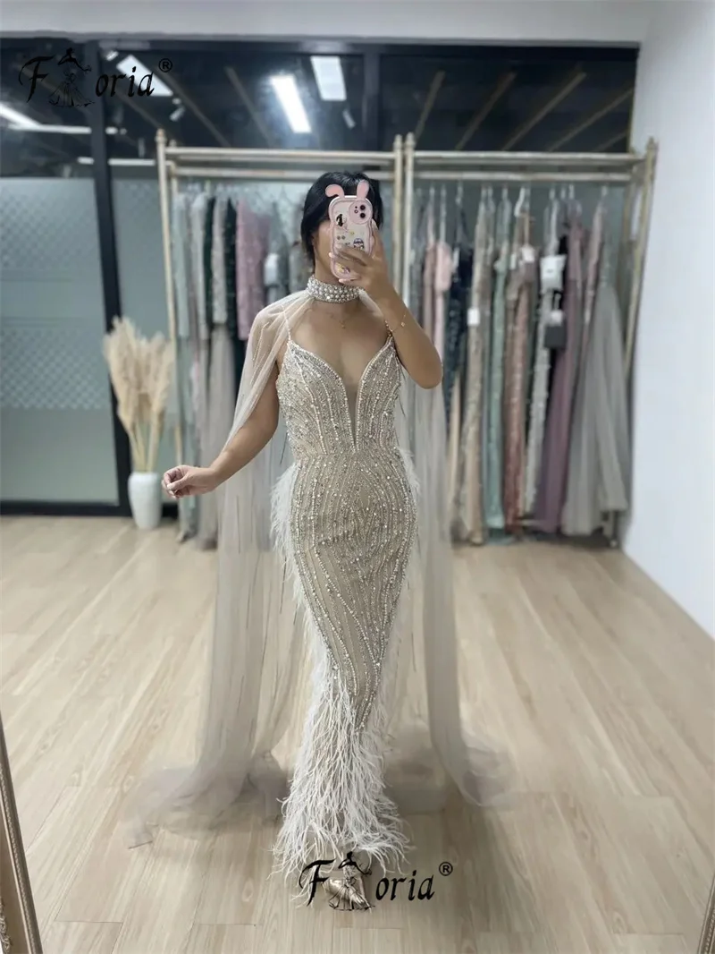 Stunning Mermaid Beaded Feathers Women Wedding Party Dresses Dubai Luxury V Neck Cape Sleeves Evening Prom Gowns Customized Robe