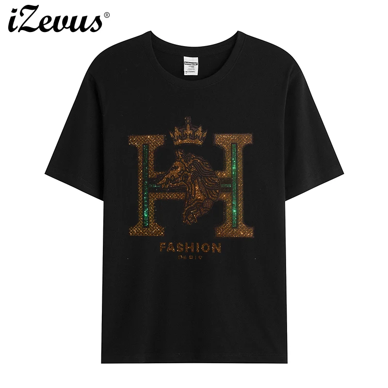 Printed rhinestone steed figure men's large size loose summer short-sleeved T-shirt rhinestone fashion casual T-shirt