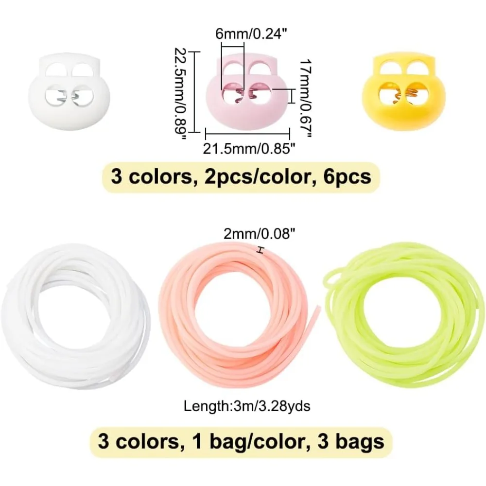 6 Pcs Stitch Stopper Set 3 Colors Oval 2-Hole Plastic Cord Locks with 3 Bags Round Synthetic Rubber Cord Crochet Supplies