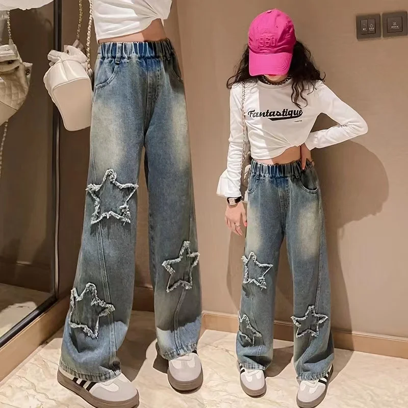 

Girls Spring and Autumn 2025 New Style Fashionable and Western-style Straight Leg Wide Leg Pants Childrens Versatile Pants Trend