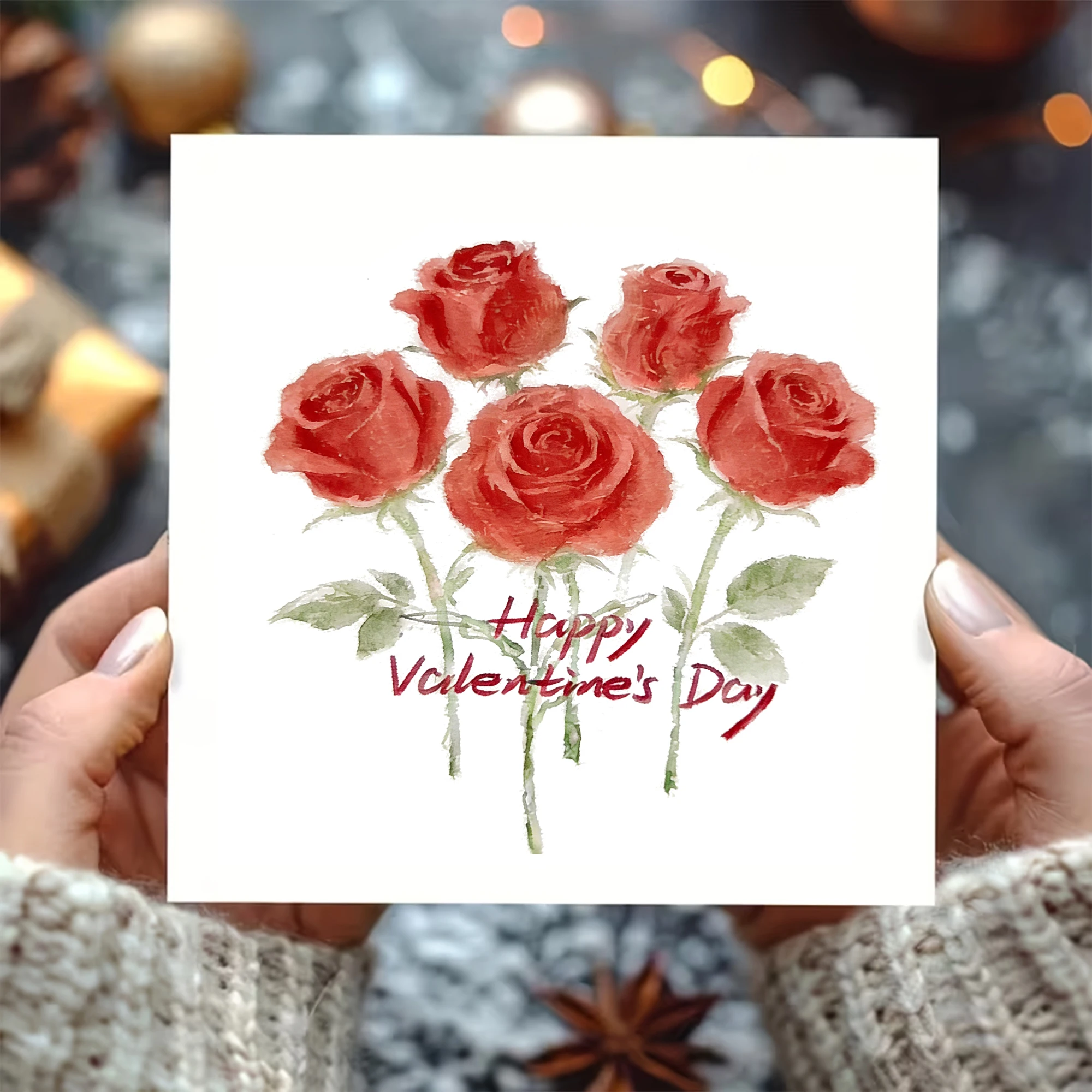 Glücklicher Valentinstag, rote Rose, Grußkarte mit Umschlag – weißes Quadrat, 2-teiliges Karten- und Umschlag-Set, Aquarell-Rosen-Design zum Valentinstag