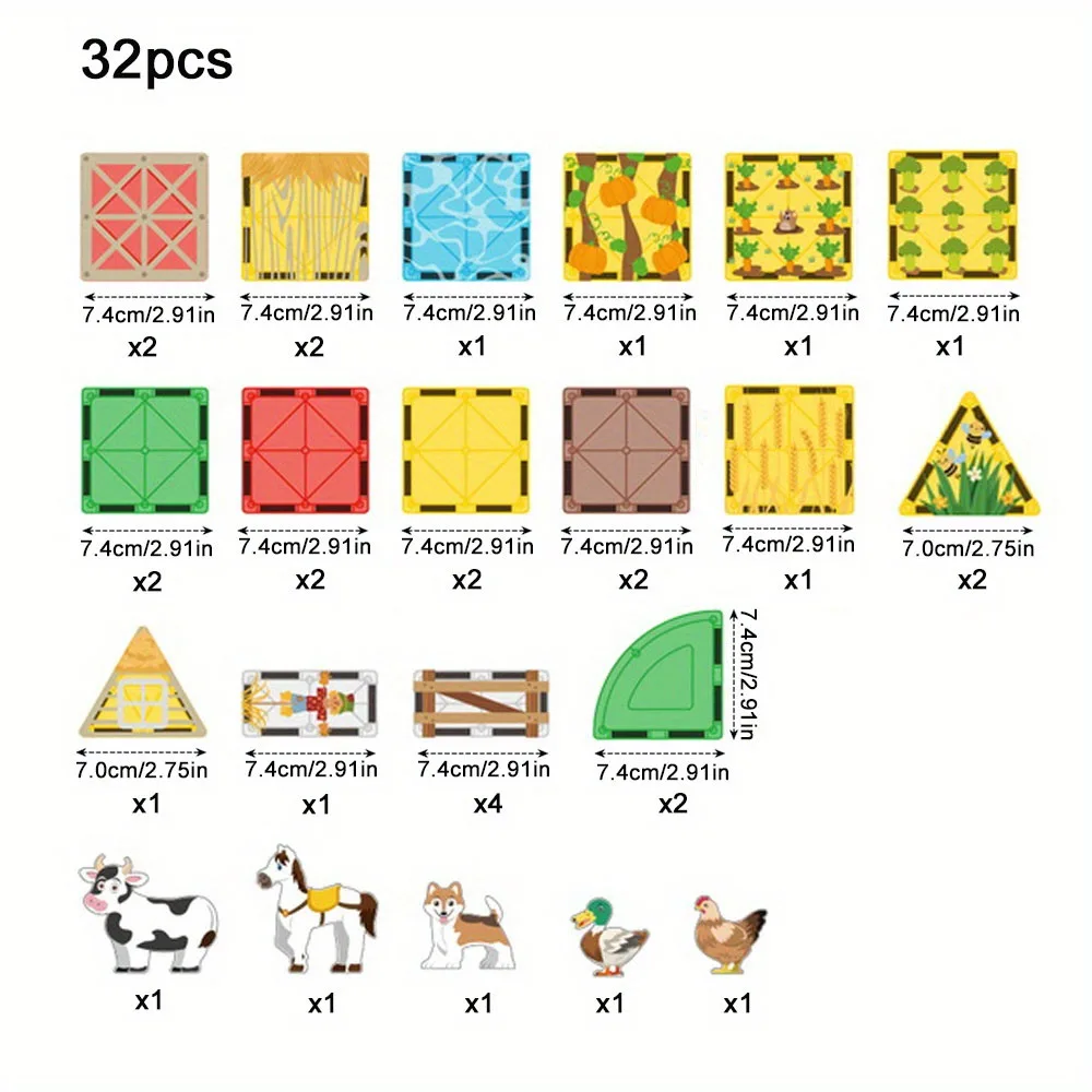 MOC 32pcs Farm Animals Magnetic Building Blocks - Large STEM Toy Set Creative Magnetic Toys, Children Educational Magnet Toys