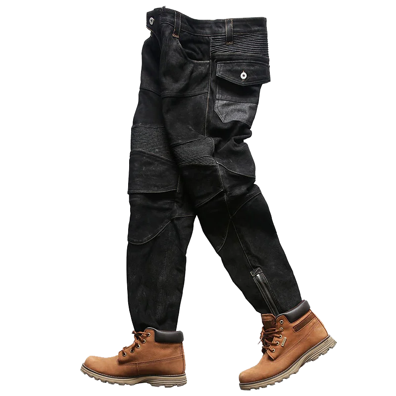 Genuine Leather Pants Men's Black Goatskin Trousers Moto & Biker Casual Real Leather Pencil Trousers